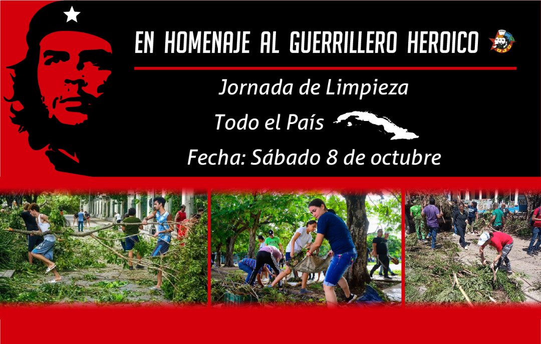 Todos con la manga al codo, así estaremos este fin de semana los días 8 y 9 de octubre protagonizando  una jornada de limpieza en todo el país los jóvenes cubanos en homenaje al Guerrillero Heróico. Participa #Cuba #CheVive #ubaPorLaPaz <a href="/UJCdeCuba/">UJC de Cuba</a> .<a href="/aylinalvarezG/">Aylín Alvarez García</a> .<a href="/CedenoPazo/">Lianet Pazo Cedeño</a> .