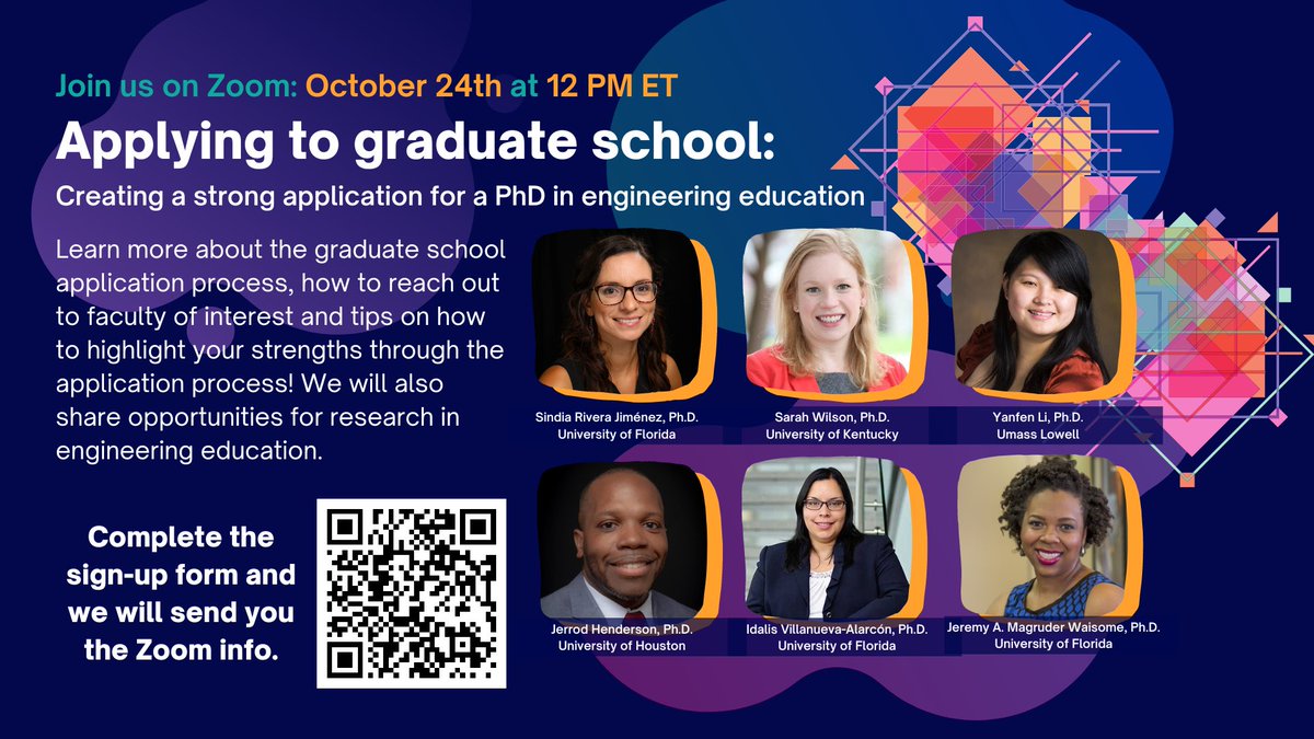 Dr. Sarah Wilson (@drswilson123) on Twitter photo Join us on October 24th! We will be holding an info session on applying to graduate school with a focus on creating a strong application for a PhD in engineering education! Sign up with the QR code below. @SindiaSrj @YanfenLi <a href="/dr_jah_director/">Jerrod Henderson</a> <a href="/Idalis_PR/">Dr. Idalis Villanueva Alarcón</a> <a href="/jeremywaisome/">Dr. Jeremy A. M. Waisome</a> Join us on October 24th! We will be holding an info session on applying to graduate school with a focus on creating a strong application for a PhD in engineering education! Sign up with the QR code below. @SindiaSrj @YanfenLi <a href="/dr_jah_director/">Jerrod Henderson</a> <a href="/Idalis_PR/">Dr. Idalis Villanueva Alarcón</a> <a href="/jeremywaisome/">Dr. Jeremy A. M. Waisome</a>