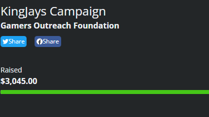 KingJayJS's tweet image. ended up raising $3,045 for @GamersOutreach !! my community is the greatest seriously thank you all so much ❤️❤️