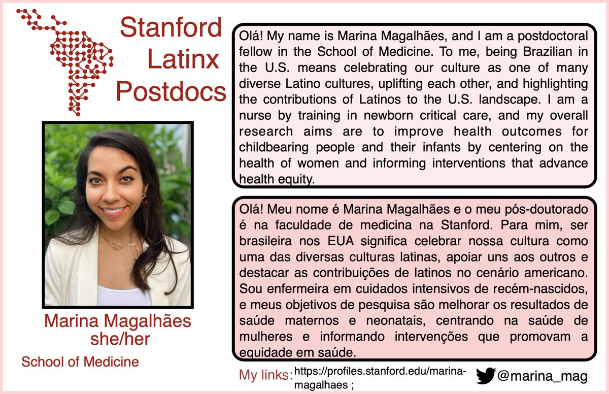 StanfordLPA's tweet photo. Marina Magalhães @marina_mag_, é uma postdoc brasileira na E. de Medicina. A sua pesquisa está focada na saúde da mãe no parto e no jeito de melhorar os resultados da saúde das mães/neonatais.
#LatinxSpotlight #LatinxScience #MiGente #diversitymatters #hispanicheritagemonth https://t.co/BAJxClKsY0
