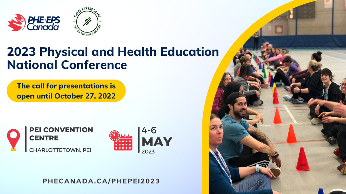 PHE Canada | EPS Canada (@phecanada) on Twitter photo Join us May 4-6, 2023 in beautiful Charlottetown, Prince Edward Island as a conference presenter 🎙️
Submit a presentation proposal before October 27, 2022 | phecanada.ca/connecting/eve…
#PHEPEI2023 <a href="/physedpei/">PEI Phys Ed Association</a> Join us May 4-6, 2023 in beautiful Charlottetown, Prince Edward Island as a conference presenter 🎙️
Submit a presentation proposal before October 27, 2022 | phecanada.ca/connecting/eve…
#PHEPEI2023 <a href="/physedpei/">PEI Phys Ed Association</a>