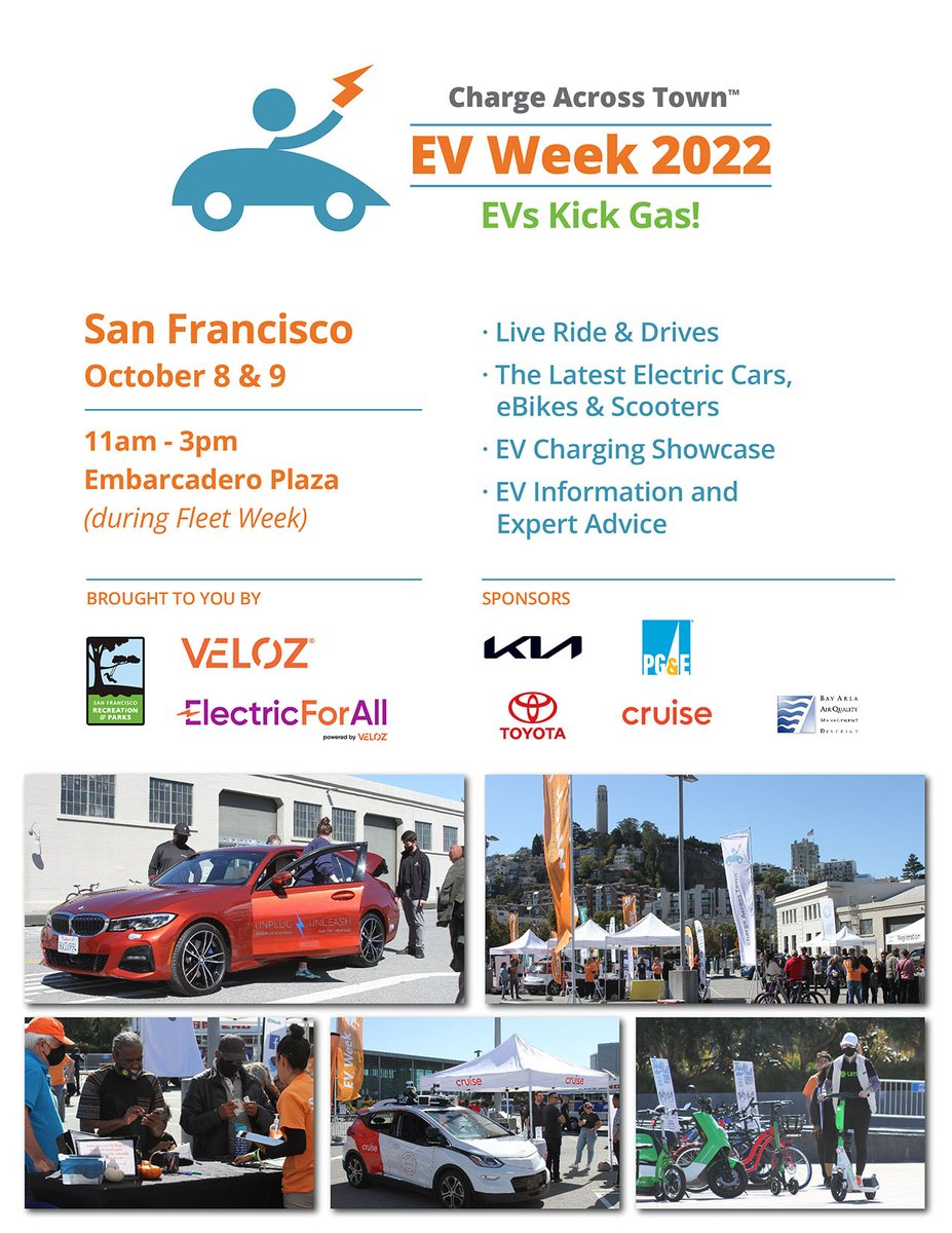 AreYouEVReady's tweet photo. Join us this weekend in celebrating how #EVsKickGas! Located at the Embarcadero Plaza, from 11am-3pm Saturday &amp; Sunday, we will have new &amp; used EVs available for test drive; E-bikes and scooters; information on at-home charging, tax incentives, &amp; so much more. Link to register⬇️ https://t.co/7mbcWRRJA2
