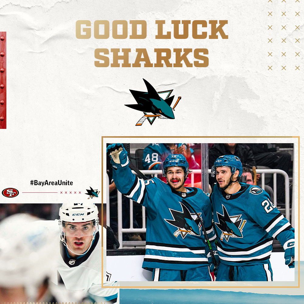 49ers's tweet photo. Good luck this season @SanJoseSharks! 🦈 #BayAreaUnite https://t.co/ruSNZg6u30