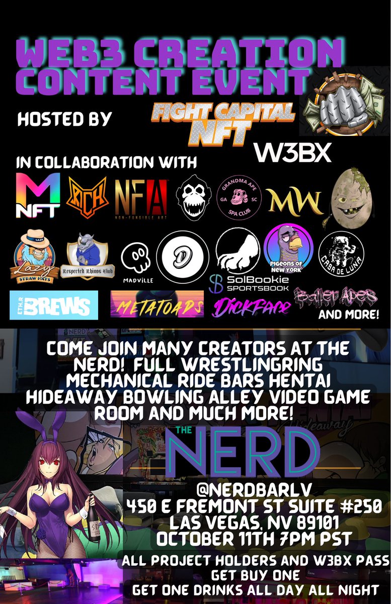 📸 We are Web3! Degens from all over the world will be meeting at The Nerd LV creating web3 content and networking! Content is key! 10/11 7PM PST <a href="/NerdBarLV/">The Nerd</a> on Fremont Street! <a href="/FightCapitalNFT/">Fight Capital NFT</a> <a href="/web3expo/">W3BX</a> Any questions join <a href="/FightCapitalNFT/">Fight Capital NFT</a> discord ♡ Let’s fkn Grow!