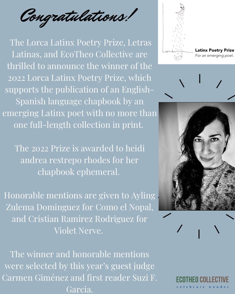 EcoTheo Collective (@ecotheo) on Twitter photo Have you heard the news? Announcing the 2022 Lorca Latinx Poetry Prize co-sponsored by Fundación & Centro Federico García Lorca; <a href="/UnamunoAuthors/">The Unamuno Authors Series</a>; & the Red Door Series, among other partners. #celebratewonder & look for their poems on Monday! Have you heard the news? Announcing the 2022 Lorca Latinx Poetry Prize co-sponsored by Fundación & Centro Federico García Lorca; <a href="/UnamunoAuthors/">The Unamuno Authors Series</a>; & the Red Door Series, among other partners. #celebratewonder & look for their poems on Monday!