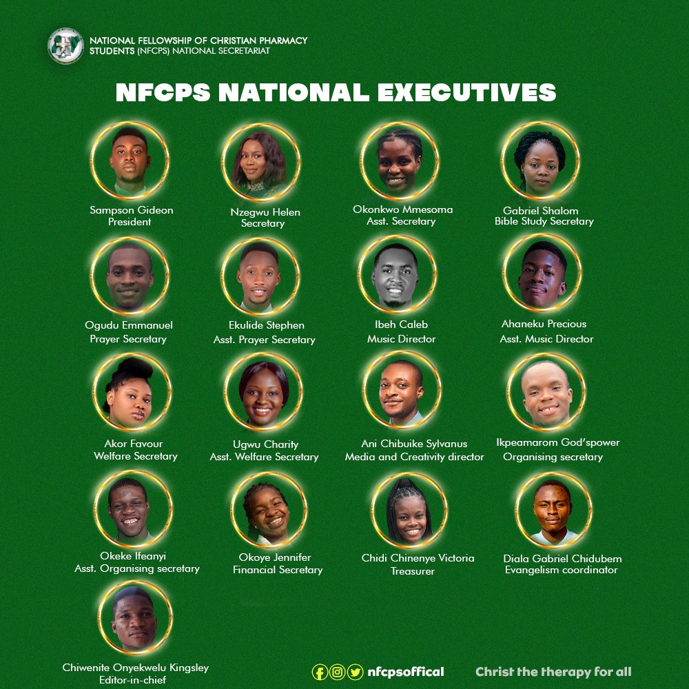 NfcpsNigeria's tweet photo. Here are our new executives of NFCPS, We pray for God's Grace, wisdom, knowledge and understanding to lead the body of christ to a greater height
- CHRIST THE THERAPY FOR ALL.
#NFCPS https://t.co/0n4o13mcjk