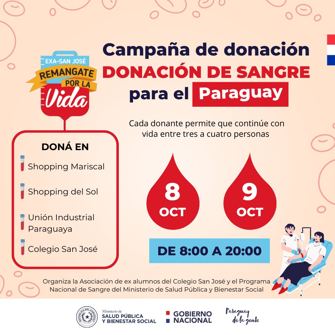 msaludpy's tweet photo. 🩸 | Este fin de semana, “Remangate por la vida 2022”

La tercera edición de la campaña de donación de sangre para el Paraguay tendrá lugar mañana, sábado 8, y el domingo 9 de octubre, de 08:00 a 20:00.

➕ℹ️ https://t.co/NVjSKbFMTo https://t.co/7uj1L14gkU