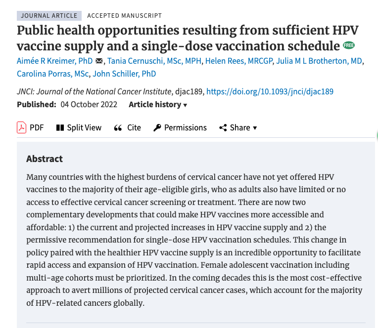 'Transition to single-dose vaccination programs paired with adequate HPV vaccine supply presents a tremendous public health opportunity to greatly expand the prevention of future HPV-driven cancers' @JNCI_Now @theNCI @WHO @OncoAlert @NCIDrDougLowy doi.org/10.1093/jnci/d…