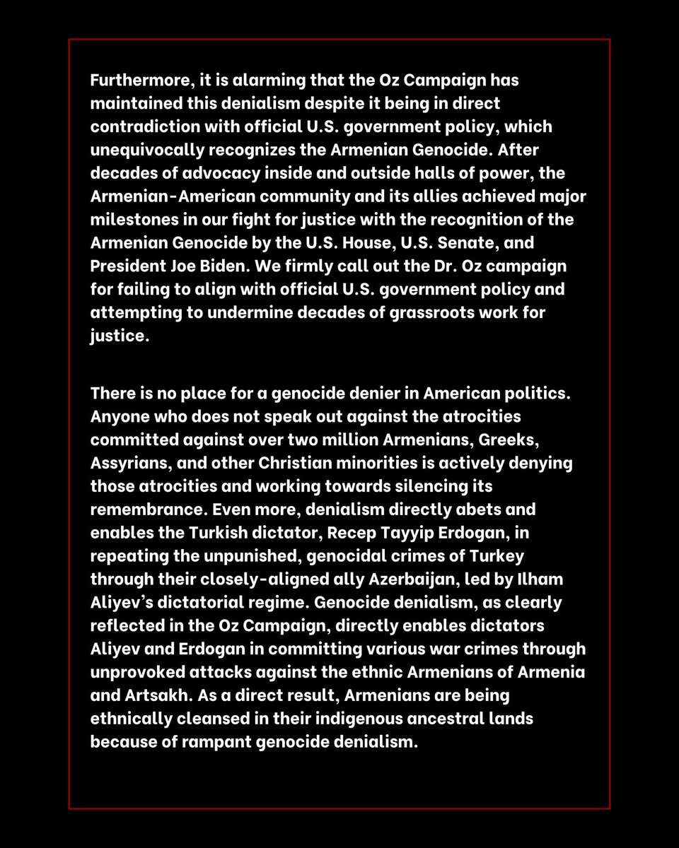 ayfwest's tweet photo. Our statement on @DrOz U.S. Senate campaign.

“Anyone who does not speak out against the atrocities committed against over two million Armenians, Greeks, Assyrians, and other Christian minorities is actively denying those atrocities and working towards silencing its remembrance.” https://t.co/V5KJMsTweI