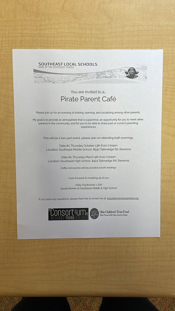 SoutheastSSW's tweet photo. Middle and High School Pirate Parents, I am hosting a Pirate Parent Cafe during conferences next Thursday Oct 13th. I look forward to meeting you! https://t.co/8TyPsP6BzH