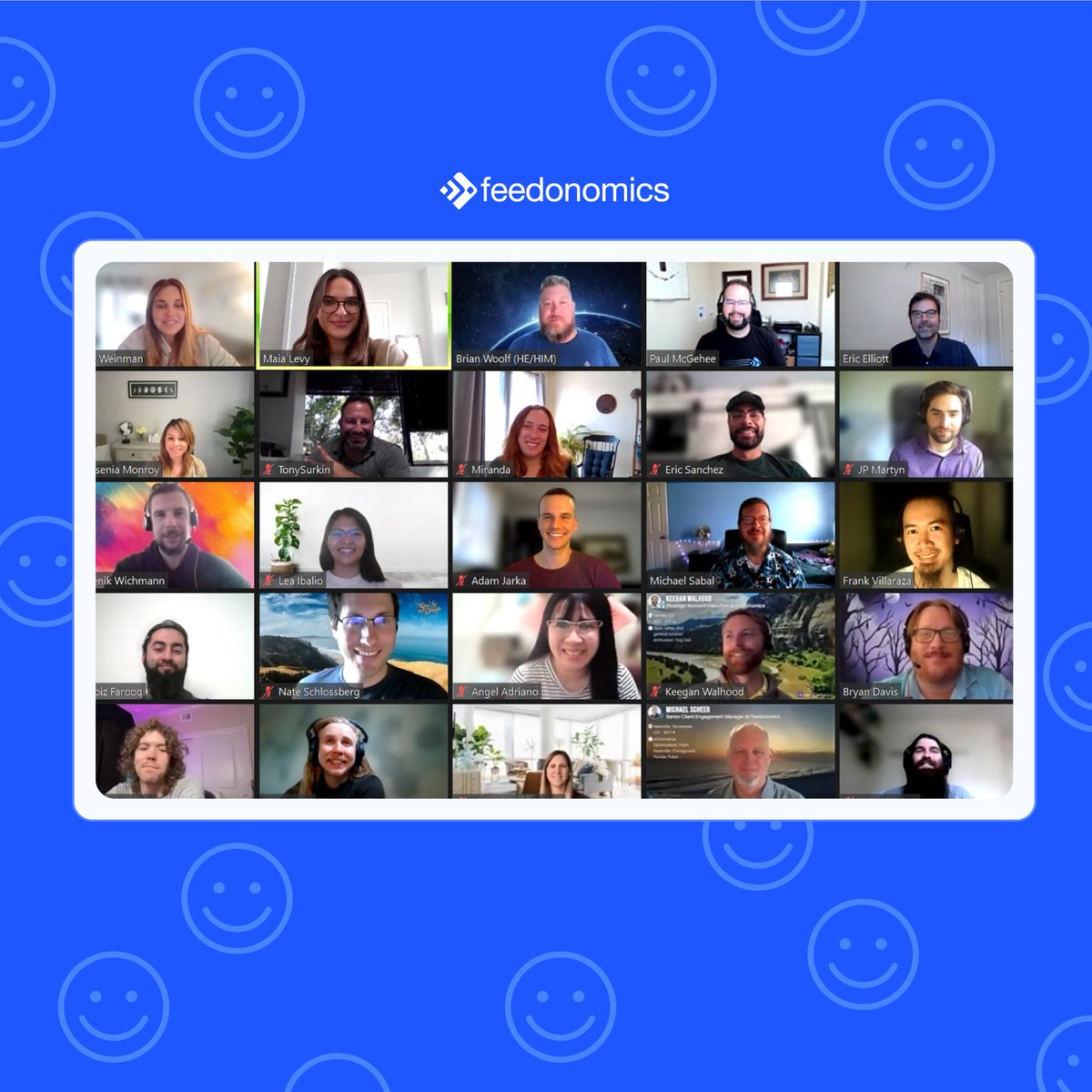 Feedonomics's tweet photo. It’s #WorldSmileDay😃! In celebration, we virtually gathered our Feedos to share their beautiful smiles. 

#Smile #Feedonomics #team https://t.co/iBXQ4AhZAe