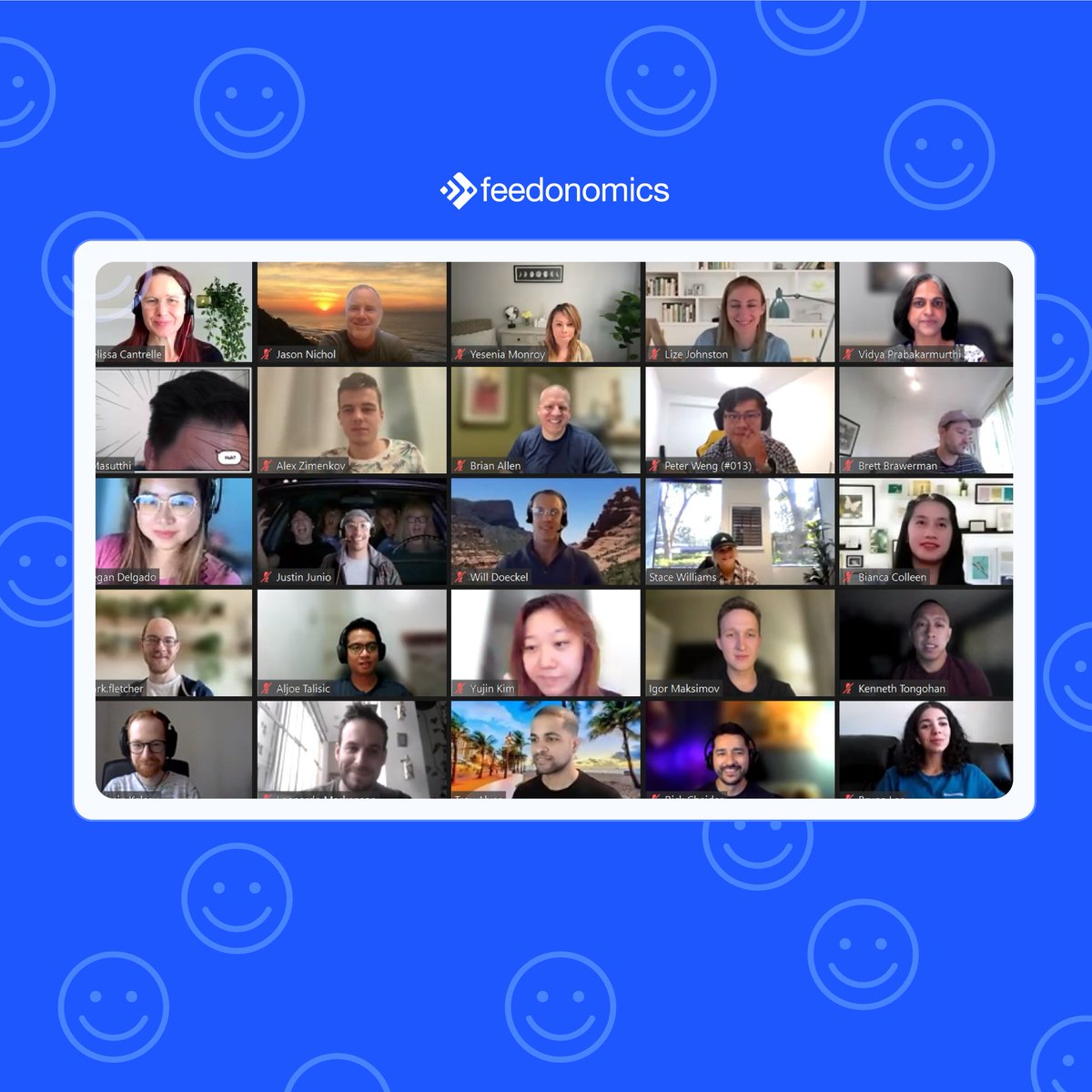 Feedonomics's tweet photo. It’s #WorldSmileDay😃! In celebration, we virtually gathered our Feedos to share their beautiful smiles. 

#Smile #Feedonomics #team https://t.co/iBXQ4AhZAe