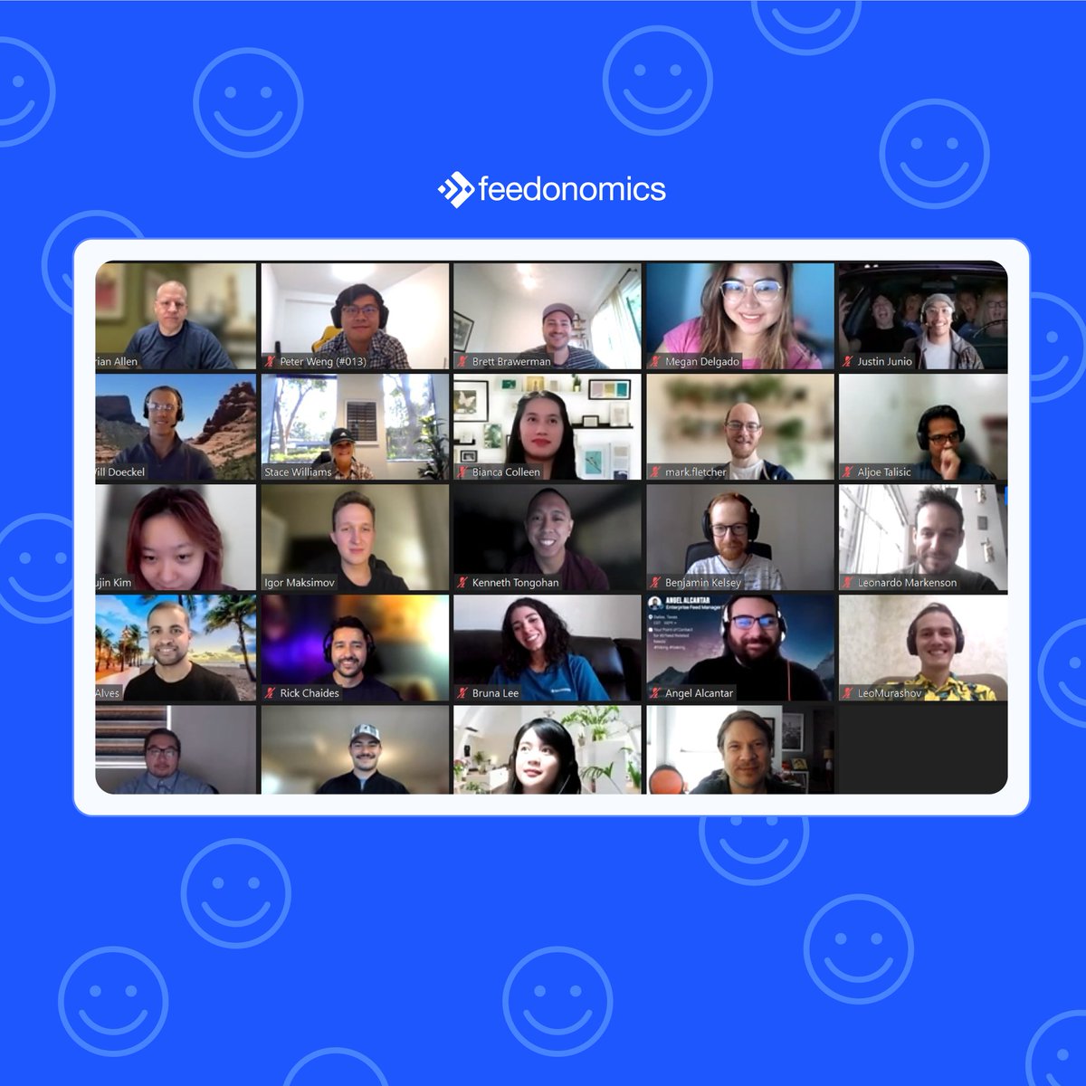 Feedonomics's tweet photo. It’s #WorldSmileDay😃! In celebration, we virtually gathered our Feedos to share their beautiful smiles. 

#Smile #Feedonomics #team https://t.co/iBXQ4AhZAe