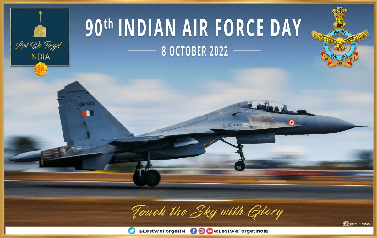 LestWeForgetIN's tweet photo. Touch the Sky with Glory!

Greetings to all in the #IndianAirForce, on the 90th #AirForceDay today - 08 October 2022

#LestWeForgetIndia🇮🇳 the gallantry &amp; valour of every #AirWarrior of the IAF; the fallen, serving, veterans, and their families - #AFDay2022 #IndianAirforceDay2022 https://t.co/fCSuYoMJr6