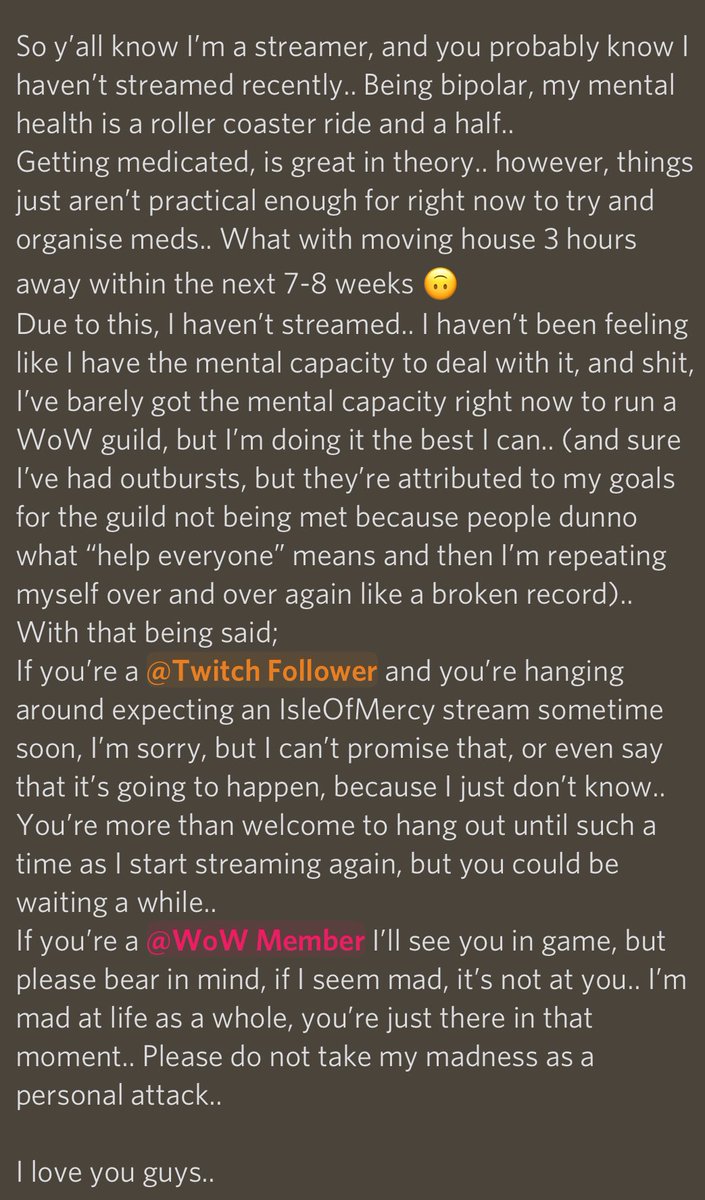 isleofmercy's tweet photo. Sometimes your community just needs to know whatβs up.. Iβm sorry, and Iβm trying guys.. #MentalHealthAwareness #MentalHealthMatters #bipolarclub #bipolarexpress #bipolardisorder #twitchstreamer #aussiestreamer #LGBTQI #bearwithme https://t.co/FR4tGJcIga