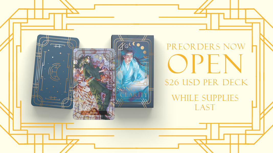 🌟PREORDERS NOW OPEN🌟
Decks are on sale until November 7th or while supplies last! please make sure to look over the store policy before purchasing.

SHOP: songofclarity.bigcartel.com
WEBSITE: tarotmdzs.carrd.co
RETROSPRING: retrospring.net/@MDZStarot 
EMAIL: mdzs.tarot@gmail.com