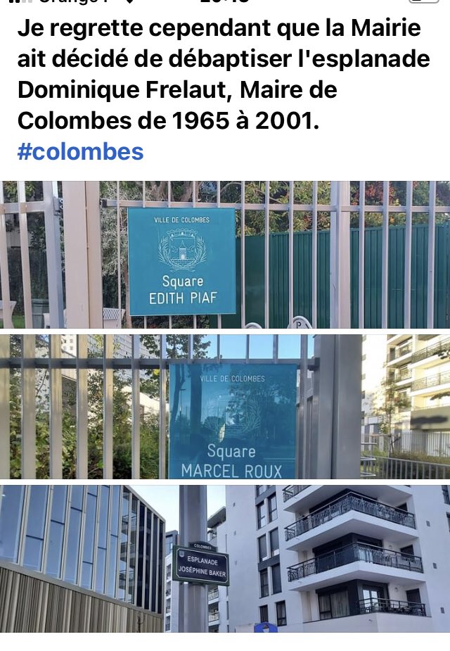 MarieLisevallee's tweet photo. L’esplanade Dominique Frelaut à #Colombes inaugurée en janvier 2020 a été débaptisée ce jour pour prendre le nom de Joséphine Baker. Dominique Frelaut a été maire de Colombes pendant 36 ans c’est proprement scandaleux  @leparisien_92 @actufr92 @OBureau https://t.co/aX4kXIKiDN
