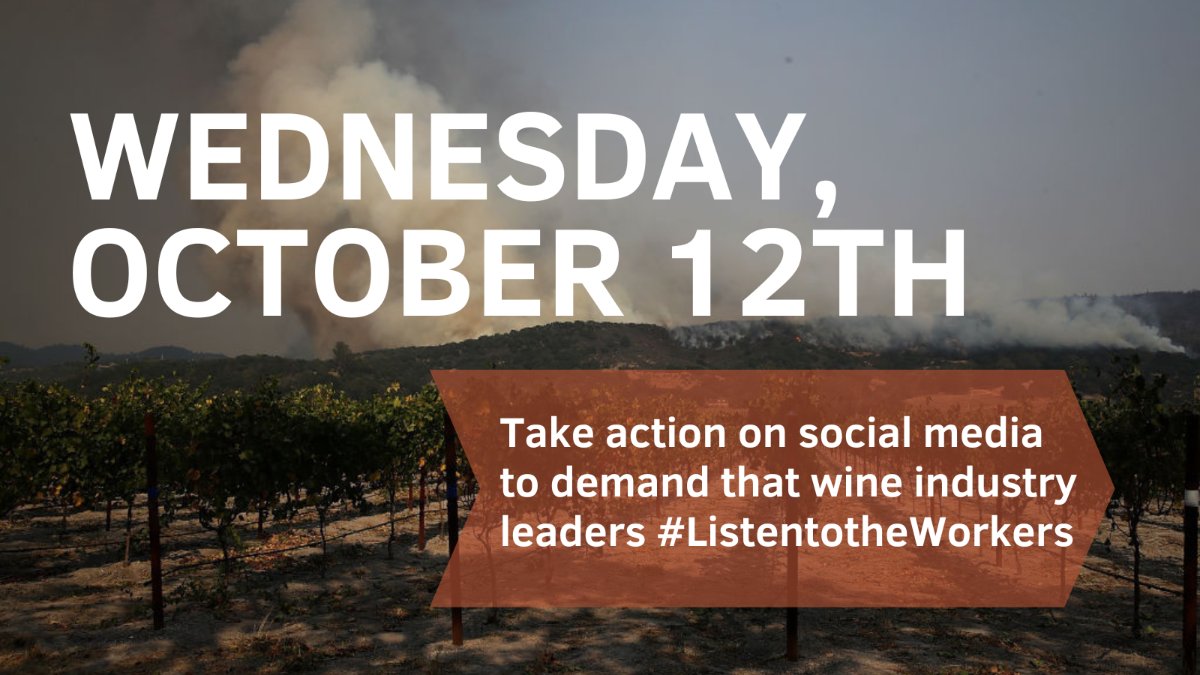 📢SOCIAL MEDIA DAY OF ACTION - 10/12! Next week, during the 5th anniversary of the devastating #TubbsFire, join us to demand wine industry leaders protect farmworkers from health & safety risks compounded by #ClimateCrisis - mailchi.mp/humanimpact.or…