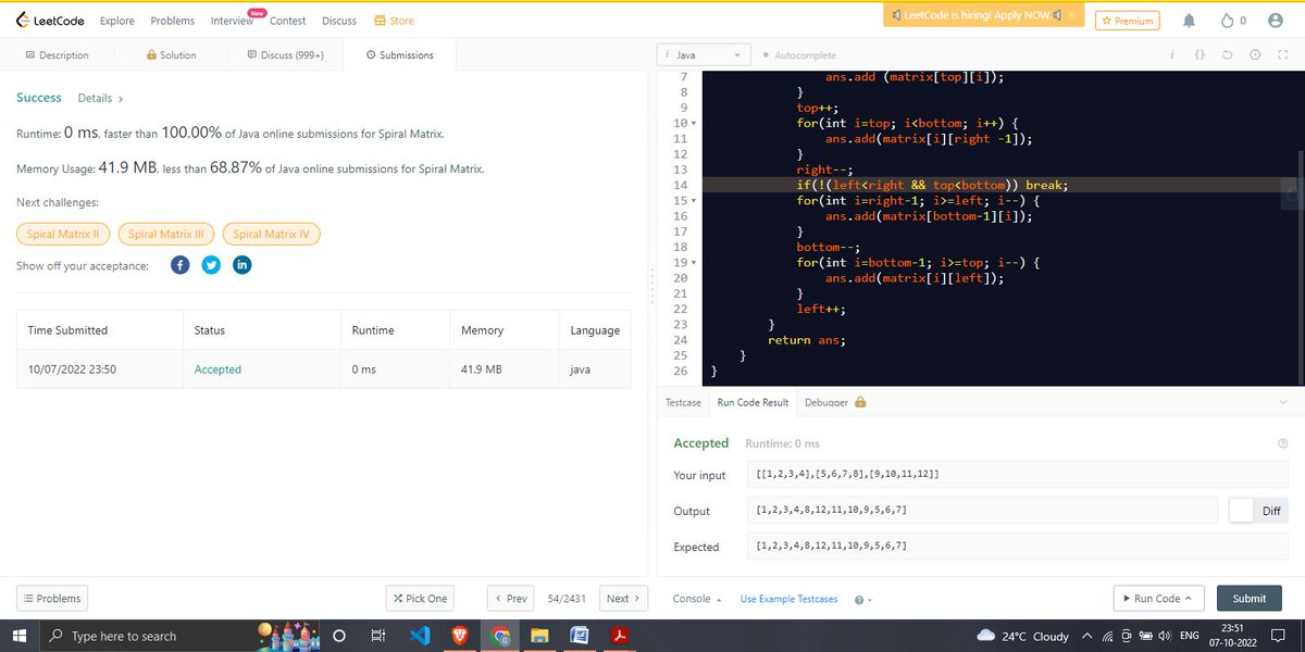 Garima_S1402's tweet photo. Hi Folks!
I have completed Day 99 of 100 Days of Code program by CodeIN and Coding Minutes.
Question: Spiral Matrix on LeetCode
Code: https://t.co/dmY2nI8oZb
Discord: https://t.co/f7jQQGlK0X…

#100daysofcodechallenge  #codeincommunity #codein100daysofcode #100DaysOfCode #Coding https://t.co/DWP75WxBJq
