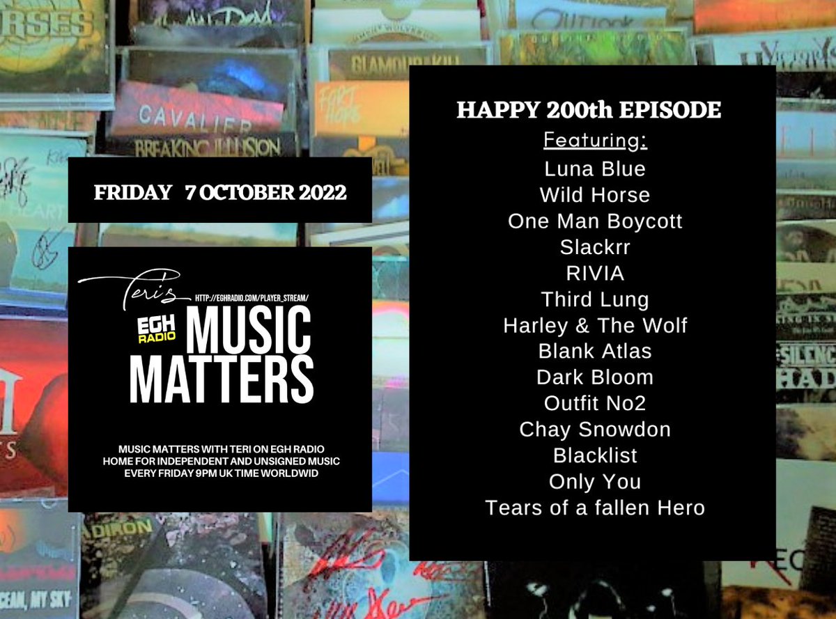 Teri's MusicMatters (@musicmatters_t) on Twitter photo Today 9pm UKtime #ListenHere <a href="/EGHRadio/">EGH Radio</a>
π§station.voscast.com/52b23f79d834e/
Celebrate the 200th #MusicMatters w/ the great new music fr <a href="/BlankAtlasBand/">Blank Atlas</a> #DarkBloom #OutfitNo2 <a href="/chaysnowdon/">Chay Snowdon</a> <a href="/Blacklistukband/">Blacklist</a> #OnlyYou #TearsOfAFallenHero +more
#NewMusicAlert #PlayItLoud
facebook.com/MusicMattersWi⦠Today 9pm UKtime #ListenHere <a href="/EGHRadio/">EGH Radio</a>
π§station.voscast.com/52b23f79d834e/
Celebrate the 200th #MusicMatters w/ the great new music fr <a href="/BlankAtlasBand/">Blank Atlas</a> #DarkBloom #OutfitNo2 <a href="/chaysnowdon/">Chay Snowdon</a> <a href="/Blacklistukband/">Blacklist</a> #OnlyYou #TearsOfAFallenHero +more
#NewMusicAlert #PlayItLoud
facebook.com/MusicMattersWiβ¦
