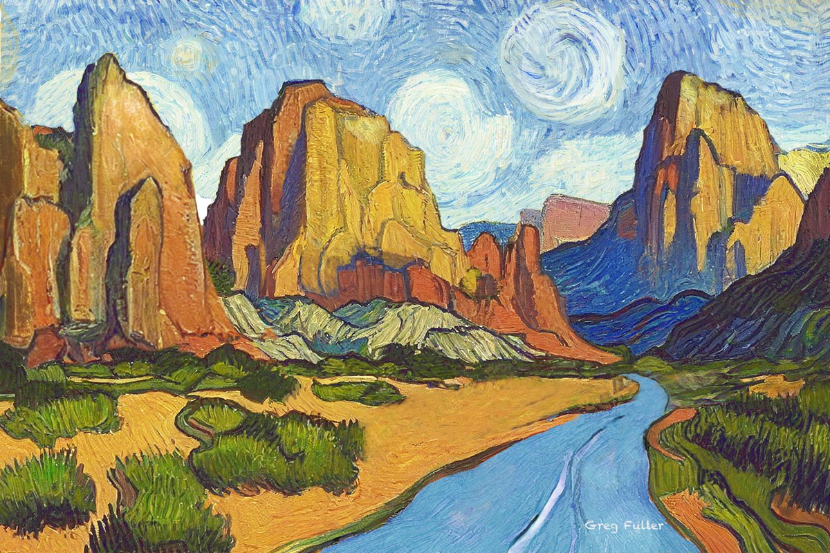 I titled this one “Evocation: Zion National Park,” because it doesn’t represent a single vantage point of the park, but is a composite of several perspectives.

It's digital, and the process I use is described here: facebook.com/greg.fuller.14…