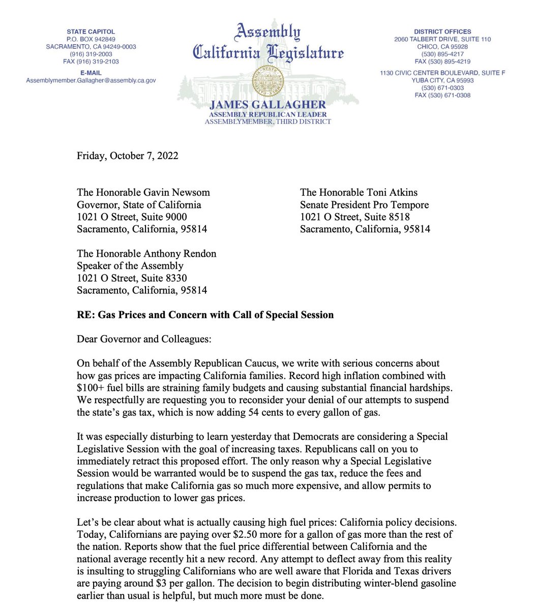J_Gallagher4CA's tweet photo. Today @AsmVinceFong and I sent a letter to Democrat leaders regarding record high gas prices in CA. We are urging them to reconsider their denial of GOP attempts to suspend the state’s gas tax, which is now adding 54 cents to every gallon of gas. 1/ https://t.co/OfMeRVchtR