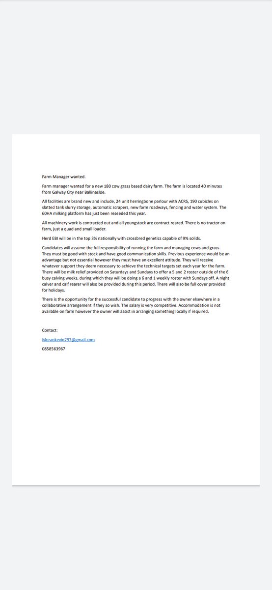 Hi all. All retweets appreciated. **Farm manager wanted** -180cows on 60Ha milking platform. -All infrastructure is brand new including 24unit parlour and cubicle per cow -5and2 roster with milk relief provided for weekends -Youngstock and machinery work contracted out