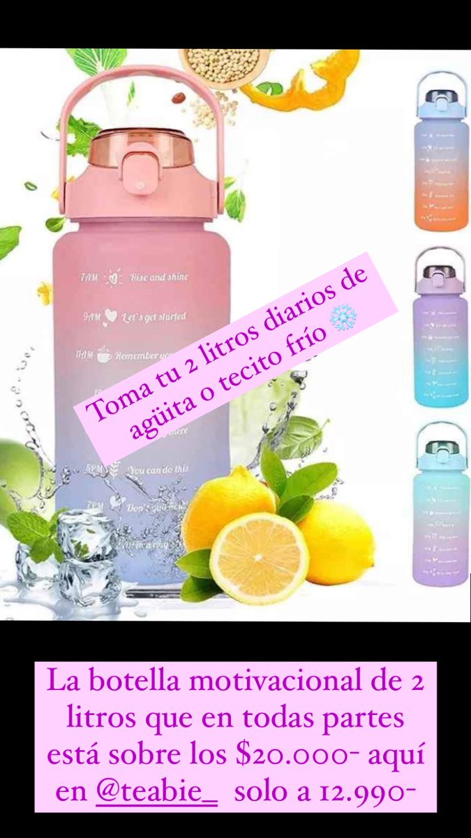 abiemalibu's tweet photo. Traje botellitas de 2 litros de agüita motivacionales para que se hidraten precio de referencia es de más de 20.000 yo las traje a 12.990- 
Mañana hay envíos si quiere encargar ✨♥️ https://t.co/vVhzLcKKqb