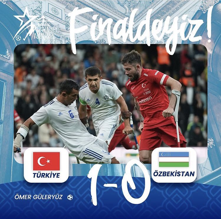 Ampute Futbol Dünya Kupasında Milli takımımız Özbekistan’ı 1-0 yenerek Finale kalarak Angola ile eşleşti.
Final maçı pazar günü saat 20.00’ da TRT 1 ekranlarında. 
Tebrikler Aslan yürekliler.