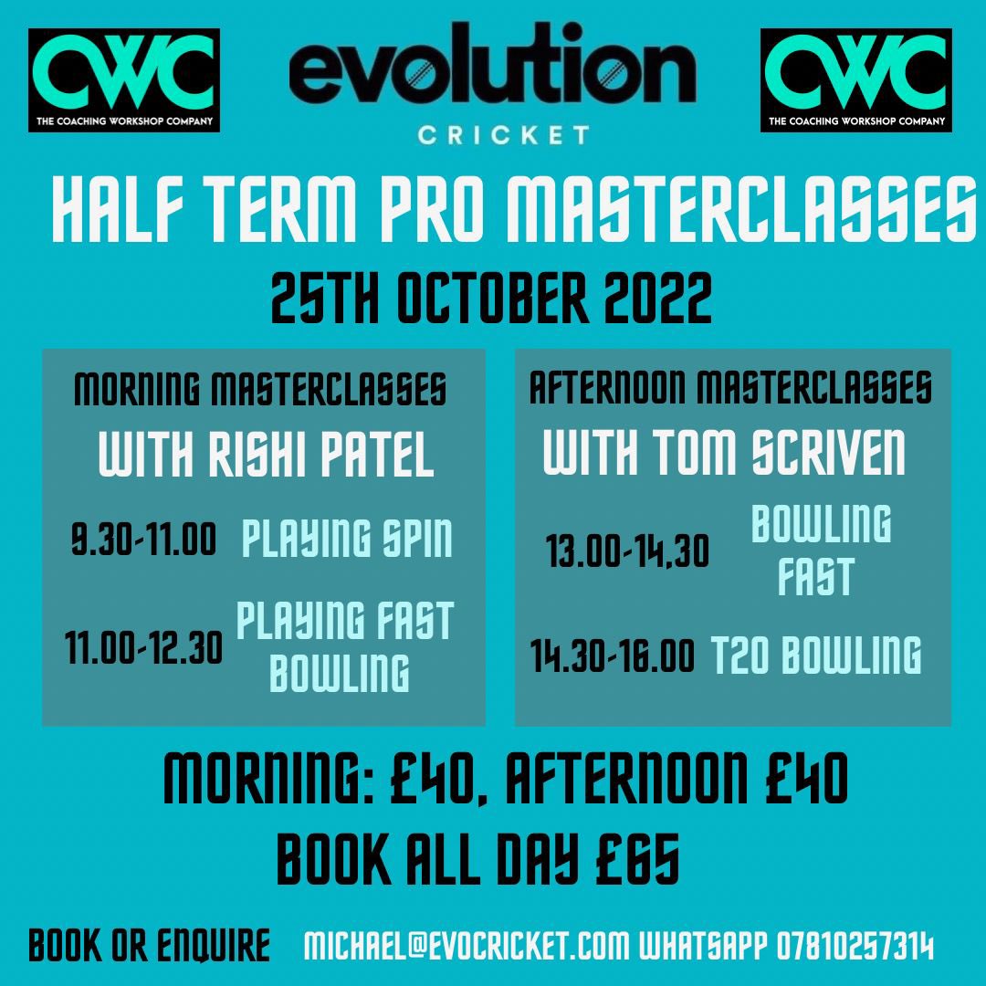 Evo_Cricket's tweet photo. PRO MASTERCLASSES this October Half Term!  

We are absolutely delighted and VERY excited to be welcoming Leicestershire CCC professionals @rishi26patel &amp; @tomscriven1 to run #battingvspin #battingvspin #bowlingfast &amp; #t20bowling masterclasses https://t.co/km7WWRExRW
