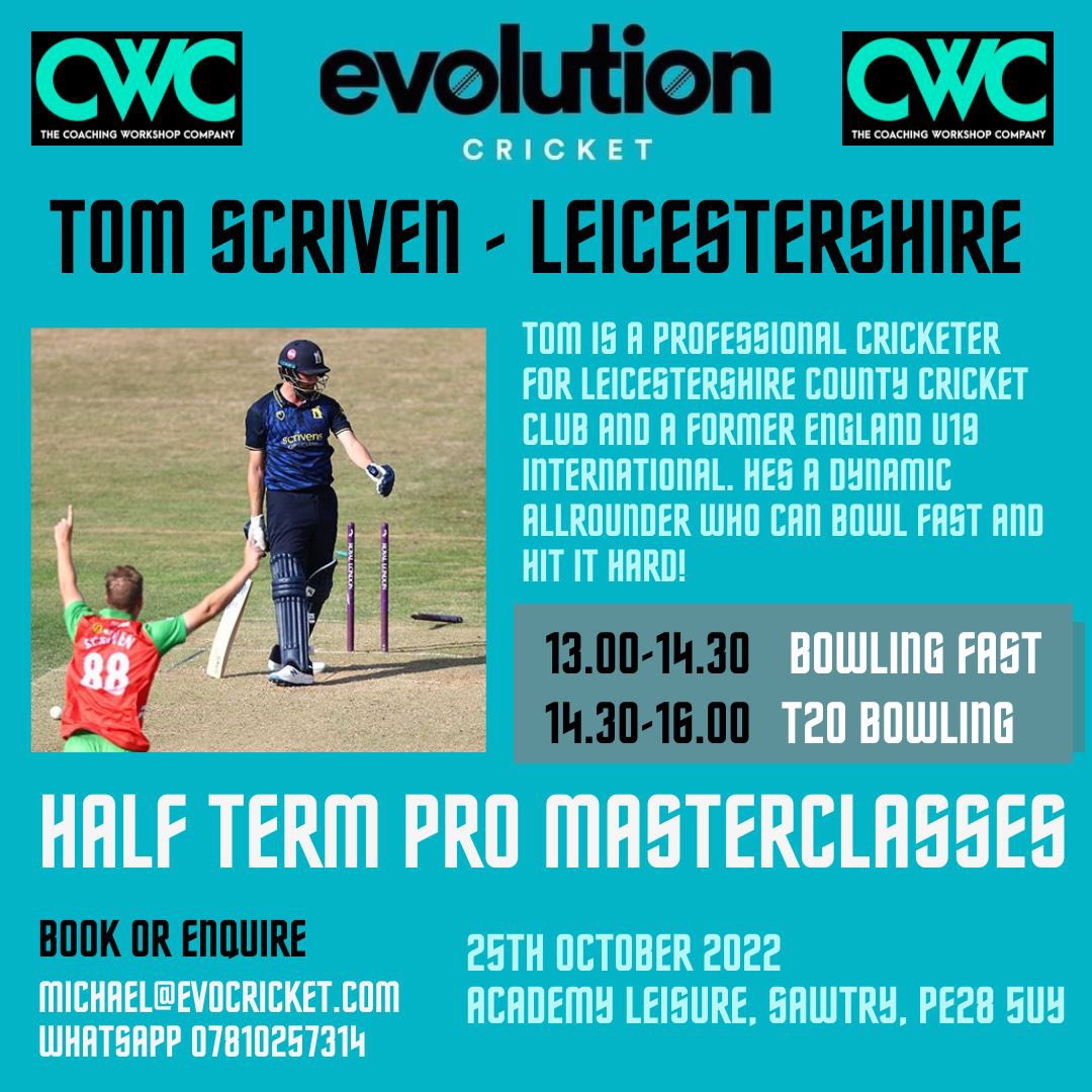 Evo_Cricket's tweet photo. PRO MASTERCLASSES this October Half Term!  

We are absolutely delighted and VERY excited to be welcoming Leicestershire CCC professionals @rishi26patel &amp; @tomscriven1 to run #battingvspin #battingvspin #bowlingfast &amp; #t20bowling masterclasses https://t.co/km7WWRExRW