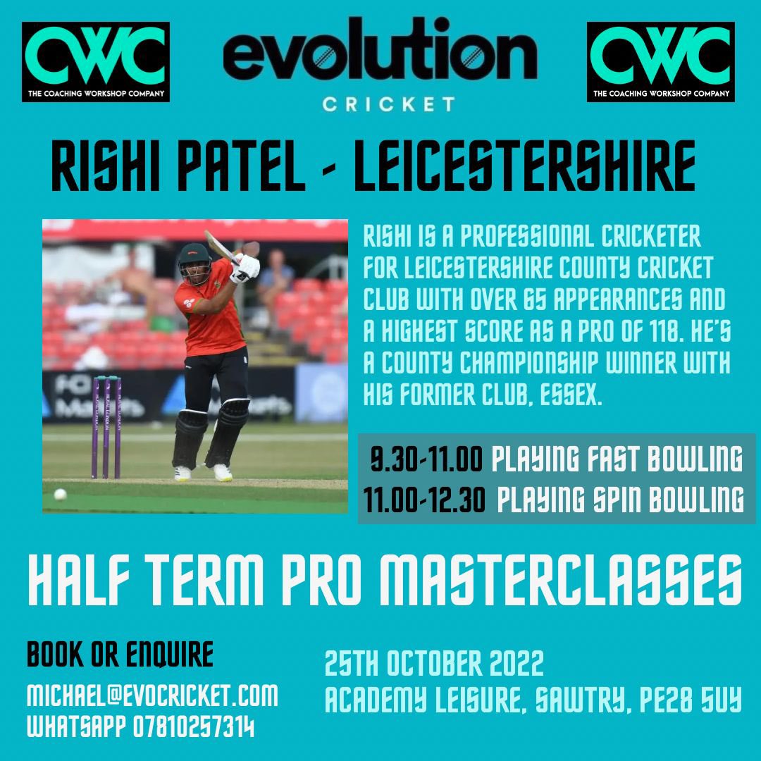 Evo_Cricket's tweet photo. PRO MASTERCLASSES this October Half Term!  

We are absolutely delighted and VERY excited to be welcoming Leicestershire CCC professionals @rishi26patel &amp; @tomscriven1 to run #battingvspin #battingvspin #bowlingfast &amp; #t20bowling masterclasses https://t.co/km7WWRExRW