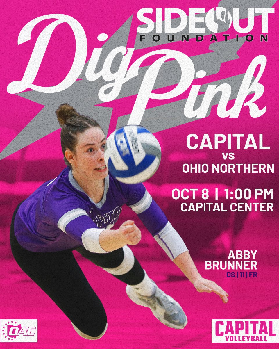 Capital Athletics (@cap_athletics) on Twitter photo Make sure to come out tomorrow afternoon and support <a href="/CapVolleyball/">Capital Women's Volleyball</a> as they host their annual Dig Pink match against ONU! There will be a bake sale, basket raffle, Side-Out item sale, and an opportunity to donate, all benefitting the Side-Out Foundation!
#CapFam | #CapVB | #POTP Make sure to come out tomorrow afternoon and support <a href="/CapVolleyball/">Capital Women's Volleyball</a> as they host their annual Dig Pink match against ONU! There will be a bake sale, basket raffle, Side-Out item sale, and an opportunity to donate, all benefitting the Side-Out Foundation!
#CapFam | #CapVB | #POTP
