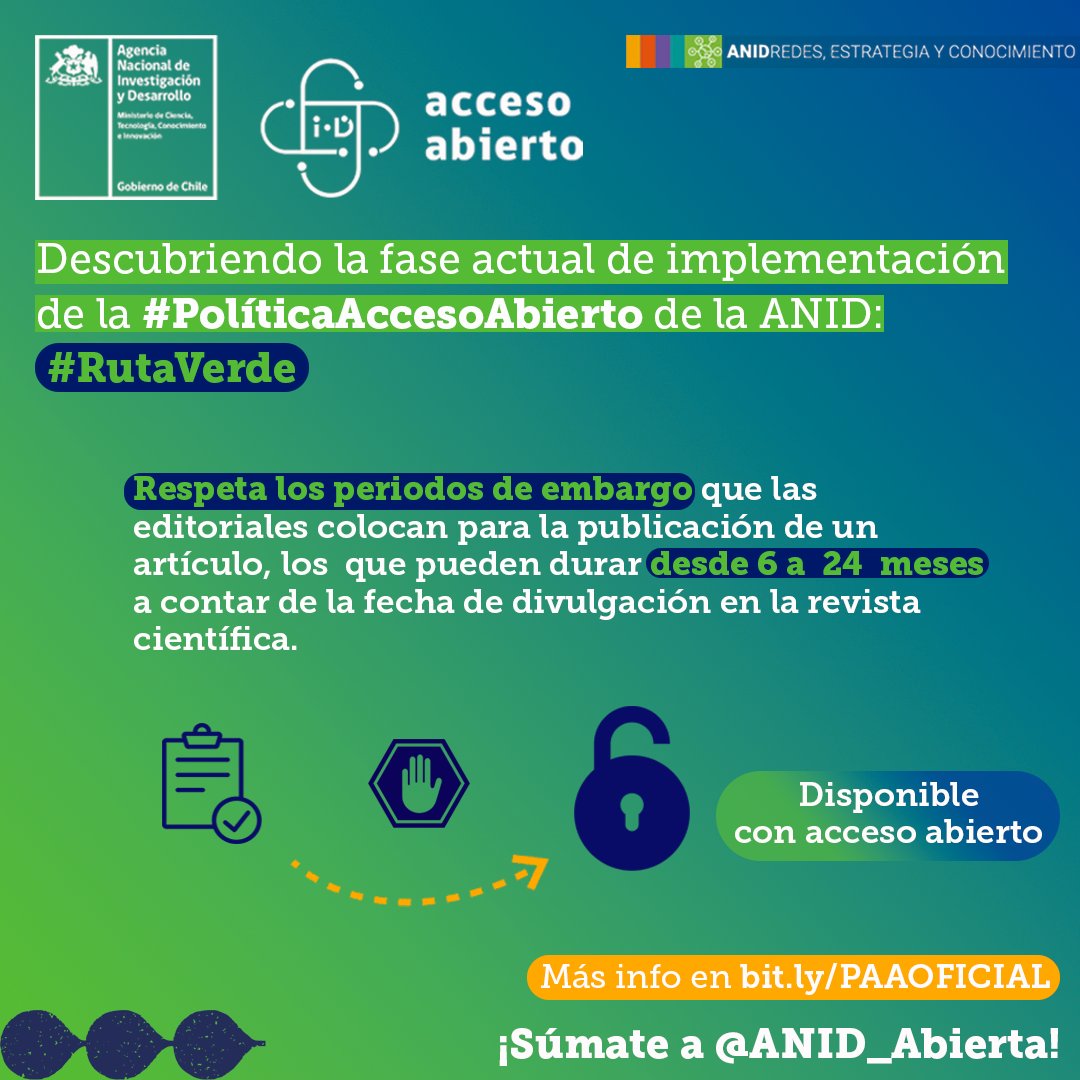 🟢Impulsando el #AccesoAbierto al conocimiento en Chile
¡<a href="/ANID_Abierta/">ANID Ciencia Abierta</a> te cuenta cuáles son tus derechos como investigador/a en la #RutaVerde de la #PolíticaAccesoAbierto ANID!