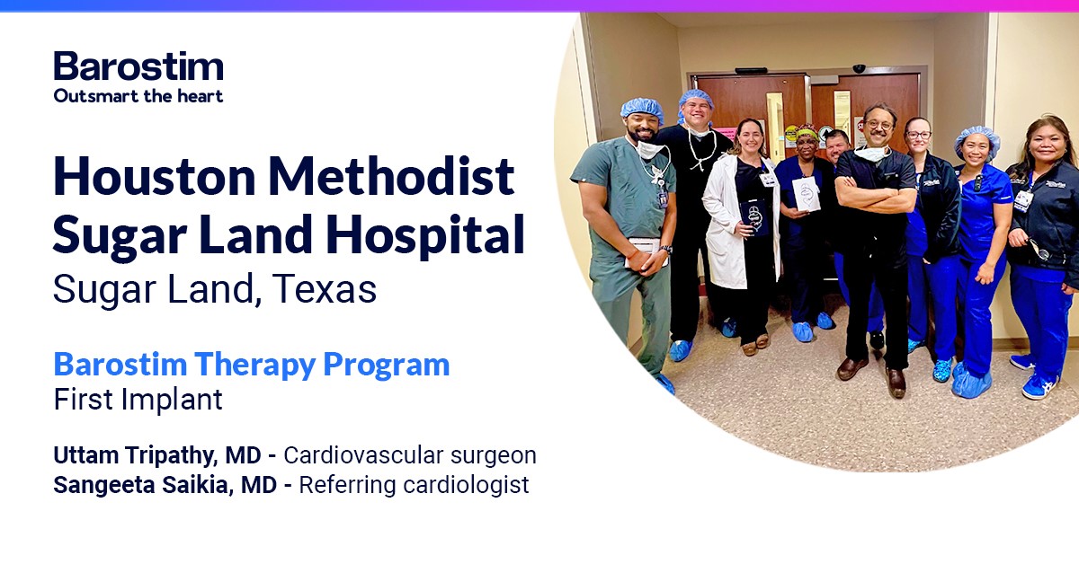 CVRx_Barostim's tweet photo. Congratulations to Drs. Uttam Tripathy and Sangeeta Saikia and the team @MethodistHosp Sugar Land on their first #Barostim implant! We're proud to support your team on providing a new therapy option for your #heartfailure patients.

#OutsmartTheHeart #cardiology #cardiotwitter https://t.co/ecwD5eXeJM