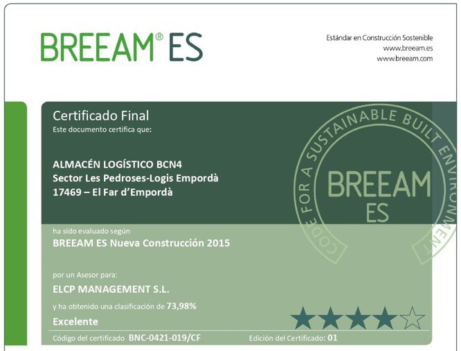 papallares's tweet photo. Esta semana hemos recibido una nueva certificación BREEAM Excelente. La segunda este año. Otro edificio logístico de 150.000 m2 para Amazon en Girona donde intervine como project manager. https://t.co/UXkREXKNVL