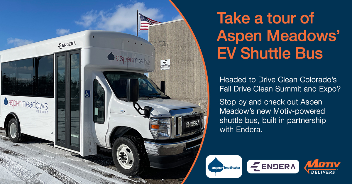 5 more days until <a href="/DriveCleanCO/">Drive Clean Colorado</a>'s Fall Event! Stop by and check out <a href="/AspenMeadows/">Aspen Meadows Resort</a> #EV shuttle bus, built in partnership with <a href="/enderamotors/">Endera</a>. Aspen Meadows is leading #sustainability as the first hotel in the area to go #electric. Hope to see you there!

drivecleancolorado.org/event/fall-dri…