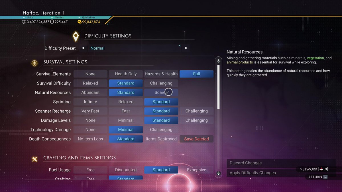 Haffoc's tweet photo. @juggaloRazzam @NoMansSky It looks like you can compensate with the new customisable difficulty settings, so maybe I jumped the gun, but it still feels like a bit of a slap as those modules are still taking up space and cost resources.

Altering the difficulty also feels a little like cheeting. https://t.co/Lq6ONAw1Yc