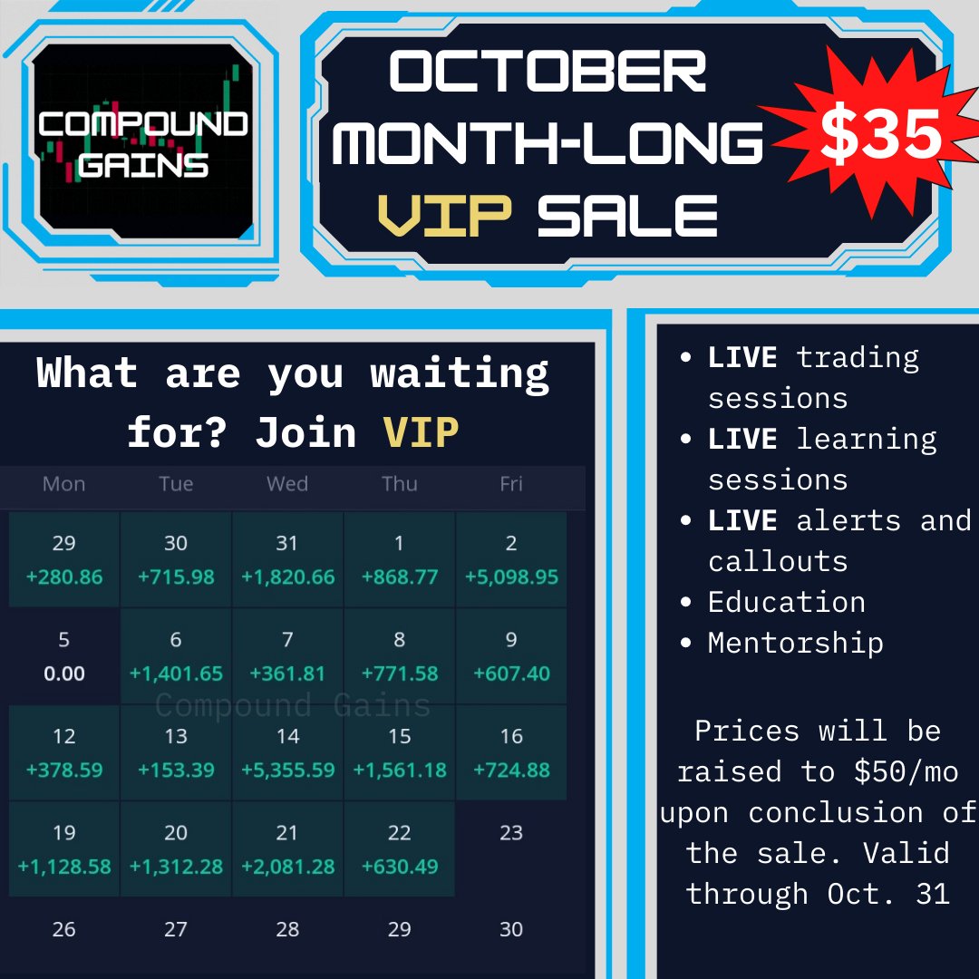 compound_trades's tweet photo. Pretty stellar week from the team! We're looking forward to our VIP strategy session this Sunday at 12:30pm PST as well as more LIVE trading sessions next week. We'd love to see you there!

Don't forget to check out our October month-long sale! #SPX #QQQ 

https://t.co/e9qnC0TpRb https://t.co/NbfPLZYjFo