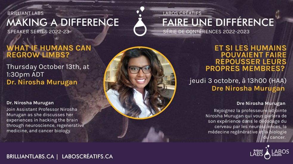 brilliant_labs's tweet photo. What If Humans Could Regrow Limbs?
Join #BLSpeakerSeries: Dr. Nirosha Murugan @msahsorinon Oct. 13th as she discusses her experiences in hacking the brain through #neuroscience, #regenerative #medicine, and #cancer #biology.  Register here: https://t.co/JrWjFGx0Yy https://t.co/fioqAmoRKl