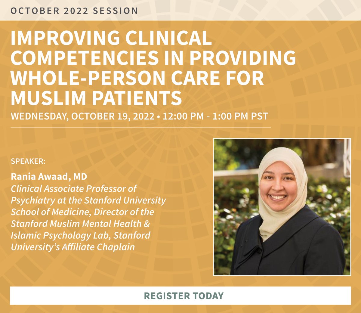 StanfordCME's tweet image. Join us 10/19 for our next Building a Culture of #HealthEquity Lecture. Expert @DrRaniaAwaad will share how you can provide meaningful whole-person care for your Muslim patients.

Register now for this free webinar &amp;amp; earn #CME credits:
bit.ly/3SLbdnr 

#Stanford #DEI