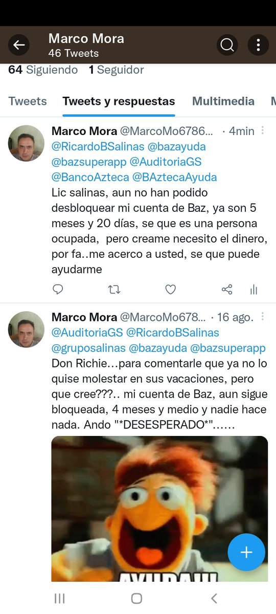 MarcoMo67868548's tweet photo. @RicardoBSalinas Ayuda Tío Tichie mi cuenta de Baz ya son 6 meses bloqueada...es más si no quiere invitarme a su fiesta del 17, no me haré el sentido, y cuabdo lo vea le hablaré de manera normal al, pero apoyemos a resolver esto por fa https://t.co/7M53HpNa7G