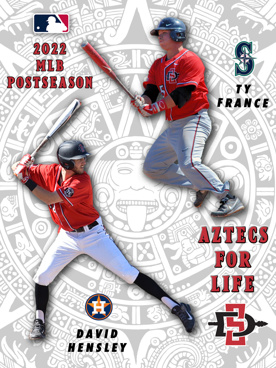 AztecBaseball's tweet photo. Wishing all the best to our Aztecs For Life David Hensley and Ty France in the 2022 MLB Postseason‼️ #GoAztecs ⚾️❤️🖤 https://t.co/fKmvK0Tz7n