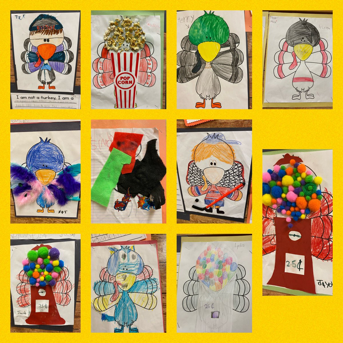 MsLloyd_edu's tweet photo. Happy Thanksgiving from our grateful hearts in grade 3, and from our Turkeys in Disguise!!  🦃 🎳 🦆 🍿 🦚 @cowanelementary https://t.co/esW0VkBCBQ
