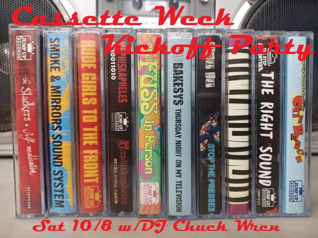 Bucketoblood's tweet photo. Tomorrow, Oct 8, we're kicking off #cassetteweek with #DJChuckWren of @jumpuprecords spinning tunes from 3-6 pm! We'll also have all 10 #JumpUpRecords #cassette releases for sale. #tapes #CW2022 #cassetteweek2022 #ska #reggae #bucketoblood #recordstore https://t.co/IkwWm2J451