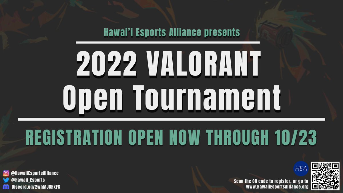 Calling all Valorant agents of Hawai’i! HEA is unveiling its first VALORANT Open Tournament event from October through December 2022! Click the link below to learn more about tournament and registration details. #HEAValOpen

Register: tinyurl.com/43hbxvk9