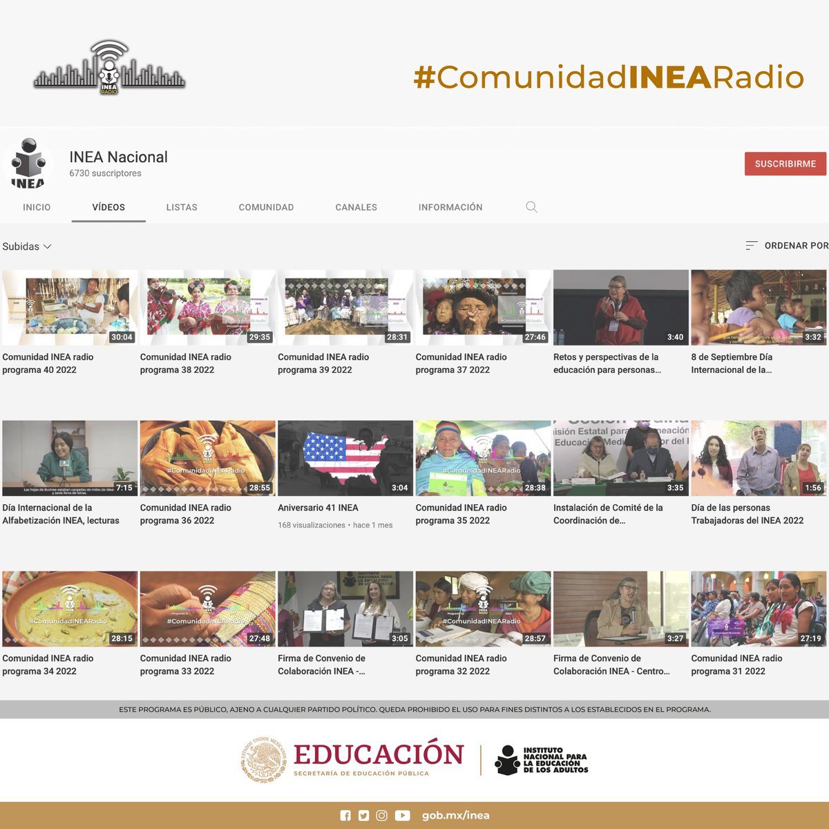 INEAmx's tweet photo. 📻 A través de nuestro canal de Youtube puedes escuchar todos los programas anteriores de #ComunidadINEARadio, aprende sobre escritores ✍️🏻, libros 📚, recetas 🍛🍳, música 🎶, leyendas 🗣️ y, por supuesto de nuestros servicios educativos…

➡️ https://t.co/dChwApunsr https://t.co/7wJS6TpfMC