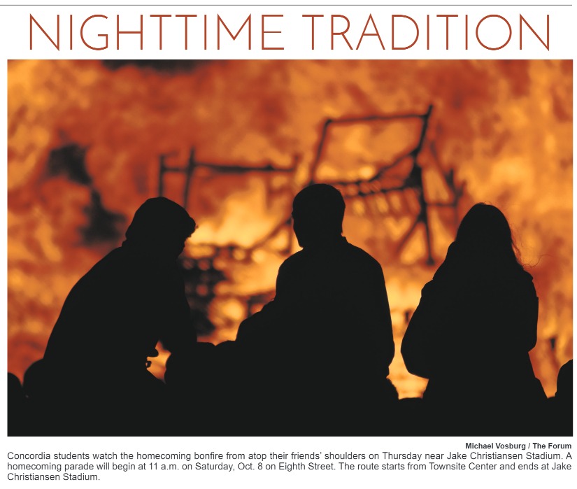 How cool is this picture of the homecoming bonfire from <a href="/michaelvosburg/">Michael Vosburg</a> in today's <a href="/inforum/">InForum</a> paper?! 🔥

<a href="/Concordia_MN/">Concordia College</a>'s parade Saturday morning should also be lit (figuratively, of course). 11 a.m. down 8th Street.  #cordmn