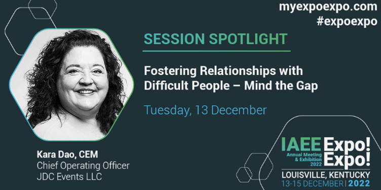 IAEE_HQ's tweet photo. Kara Dao, CEM from @jdc_llc will present on how to turn difficult event business situations into long term relationships. Register today to learn from our amazing speakers #ThePlaceToBe #ExpoExpo #ShowForShows: https://t.co/nabSCRl9n5 https://t.co/qMZiGasncM