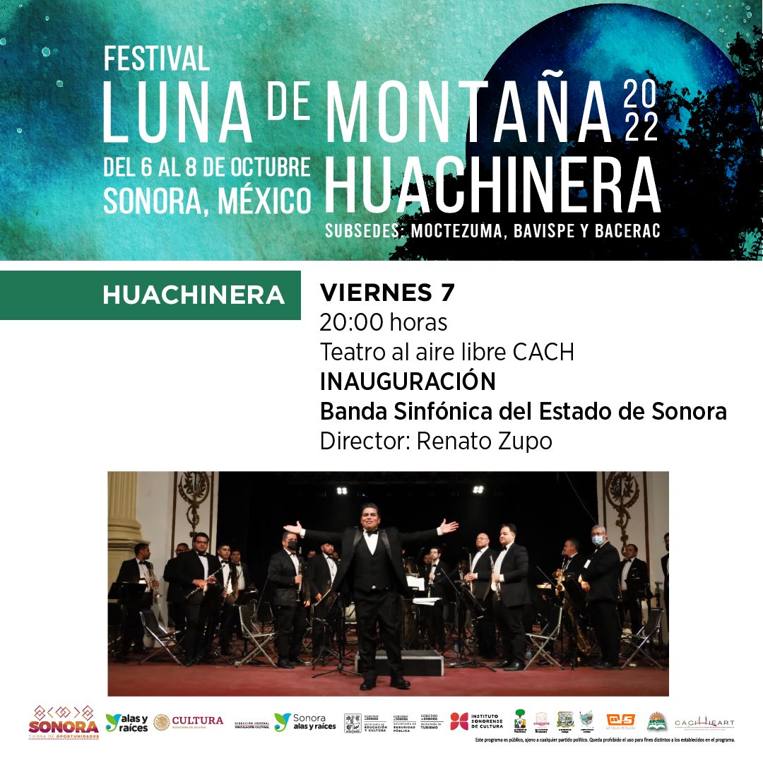 ISCsonora's tweet photo. #Huachinera Acompáñanos en la inauguración oficial del Festival Luna de Montaña en la que se presentará la Banda Sinfónica del Estado de Sonora. ⛰️🎼🌕

📍 Teatro al aire libre CACH
⏰ 20:00 horas https://t.co/J7l0gsZLoz